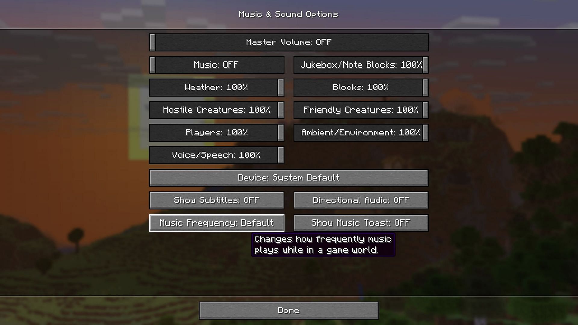 Background music frequency option has been added to sound settings (Image via Sportskeeda Gaming || Mojang Studios)